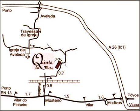 Mapa de acessos à Quinta da Mota, em Aveleda, Vila do Conde